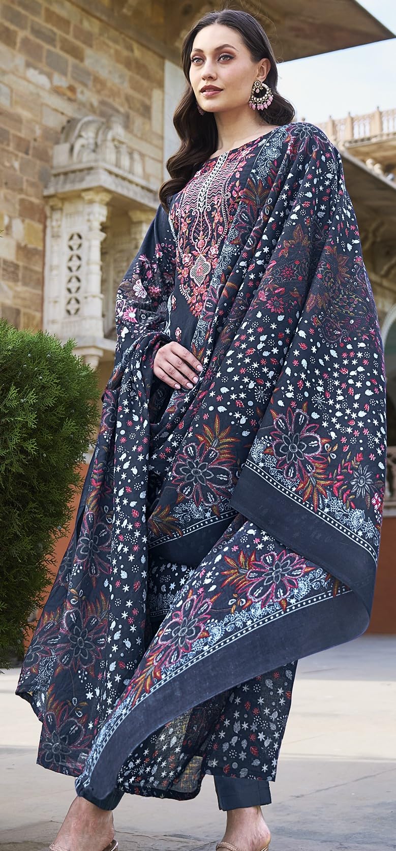 DRAVINAM Trends Women's Stitched Pakistani Print Embroidered Pure Cotton Pant Suit Set with Cotton Printed Dupatta (XL)