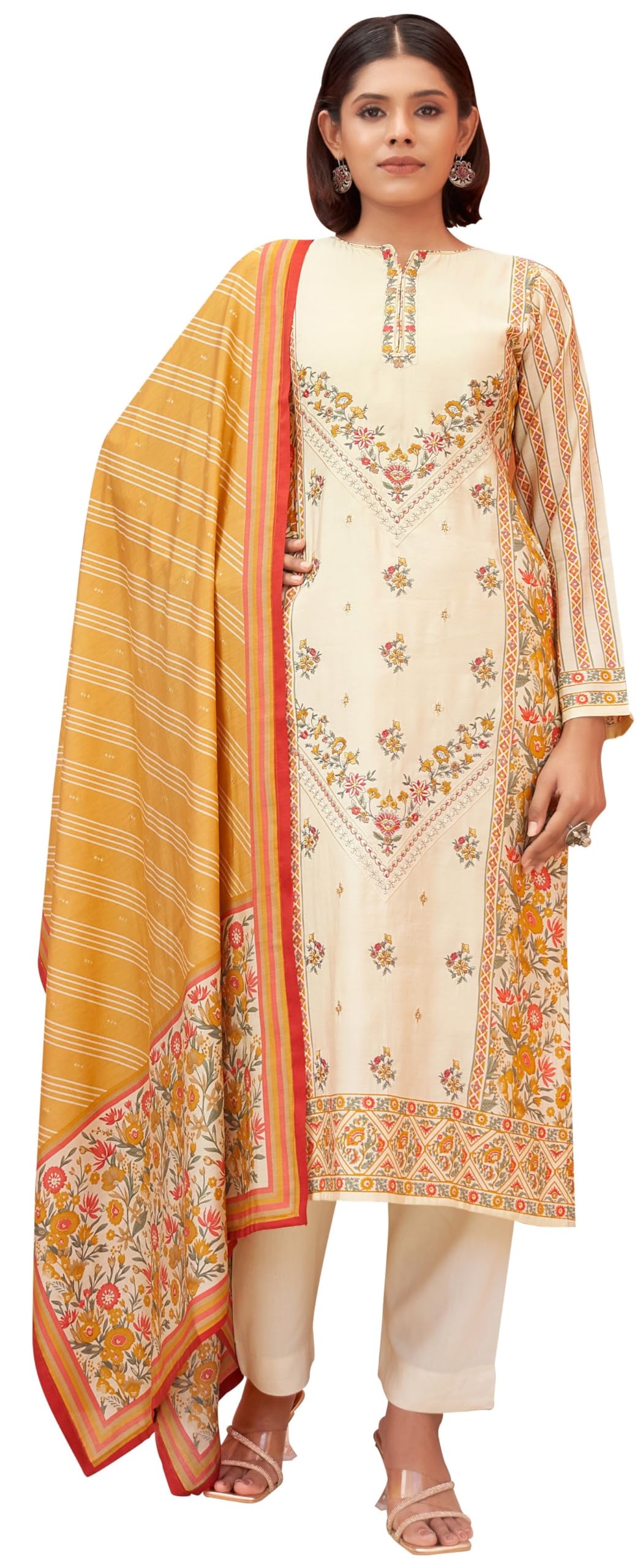 DRAVINAM Trends Women's Unstitched Masline Embroidered Suit Material - Viscose Maslin Embroidered Printed Shirt II Maslin Bottoms II Maslin Digital Printed Dupatta