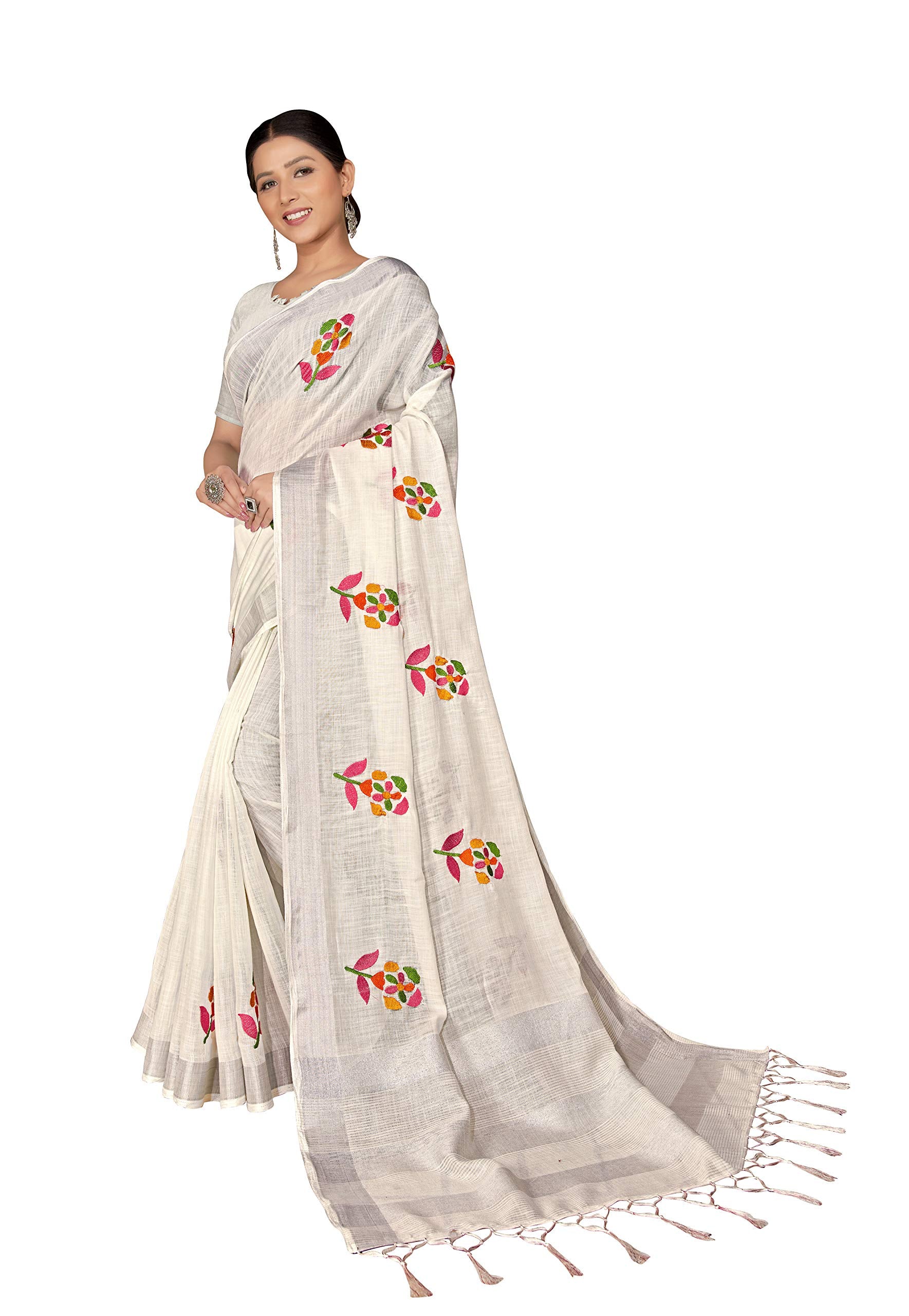 DRAVINAM Trends Women's Woven Plain Pure Linen Cotton Embroidered Saree with Blouse Piece (White36)