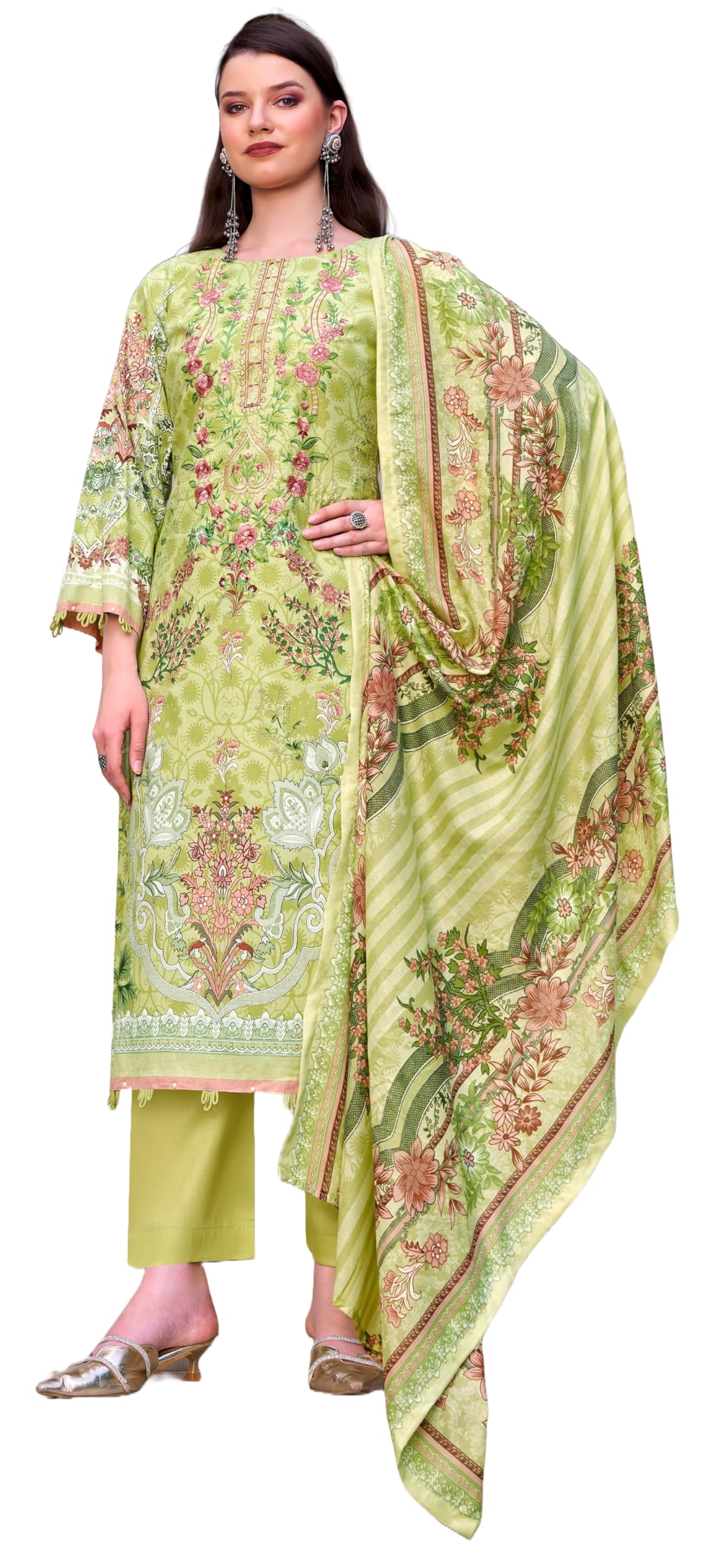 DRAVINAM Trends Women's Unstitched Cotton Suit Dress Material -Embroidered Digital Print Top II Plain Bottoms II Digital Print Dupatta