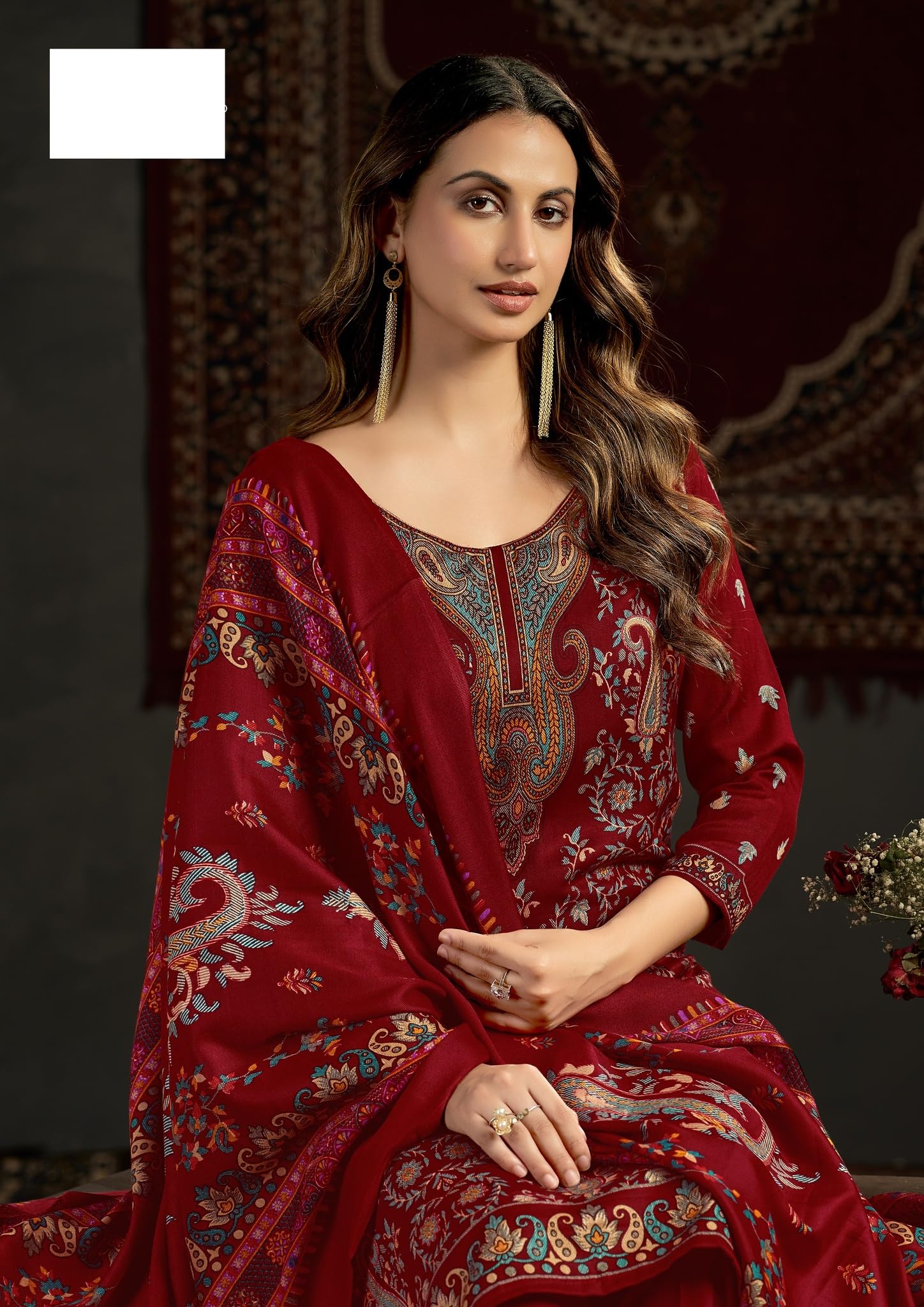 DRAVINAM Trends Women's Unstitched Winter Wear Kashmiri Kani Printed Heavy Woolen Pashmina Salwar Suit Dress Material with Printed Shawl Dupatta