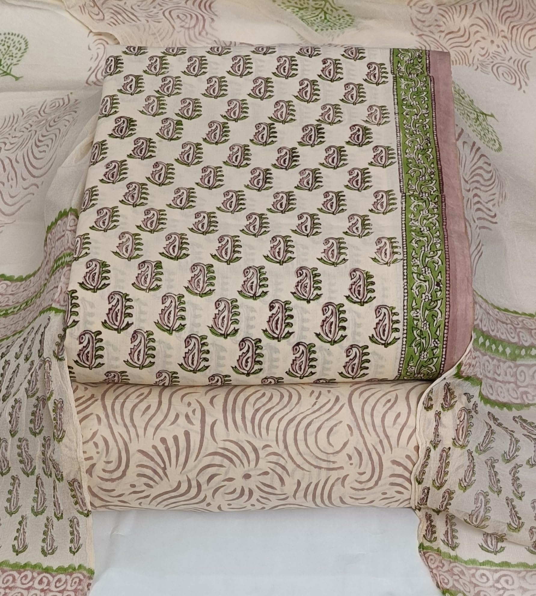 DRAVINAM Trends Hand Block Print Cambric Cotton Unstitched Salwar Suit Set for Women with Pure Chiffon Hand Printed Dupatta