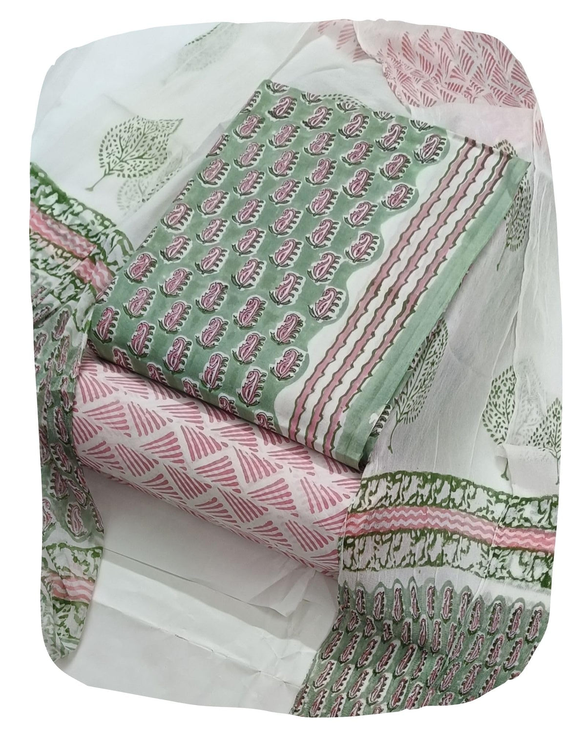 DRAVINAM Trends Hand Block Print Pure Cambric Cotton Unstitched Suit Material with Chiffon Hand Printed Dupatta