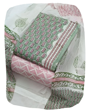 DRAVINAM Trends Hand Block Print Pure Cambric Cotton Unstitched Suit Material with Chiffon Hand Printed Dupatta
