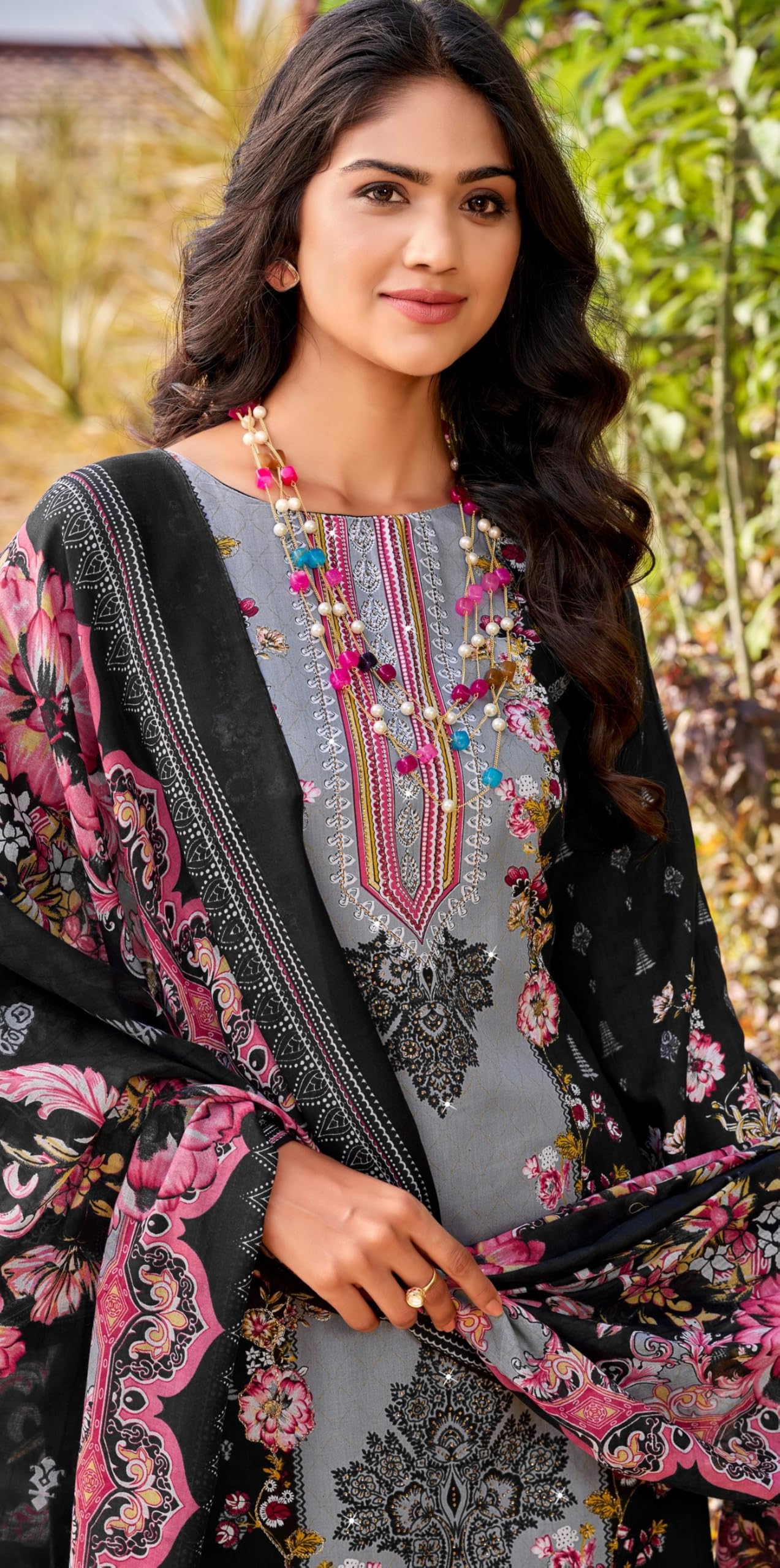 DRAVINAM Trends Women's Unstitched Jam Cotton Hand Embroidered Suit Material - Pure Jam Cotton Printed Hand Embroidered Kameez II Cotton Bottoms II Cotton Malmal Printed Dupatta