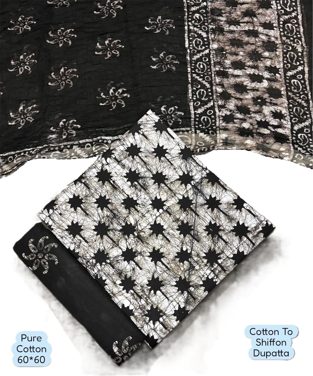 DRAVINAM Trends Unstitched Jaipuri Handmade Wax Batik Print Soft Cotton Dress Material with Chiffon Dupatta