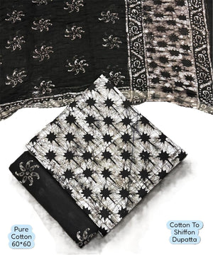 DRAVINAM Trends Unstitched Jaipuri Handmade Wax Batik Print Soft Cotton Dress Material with Chiffon Dupatta