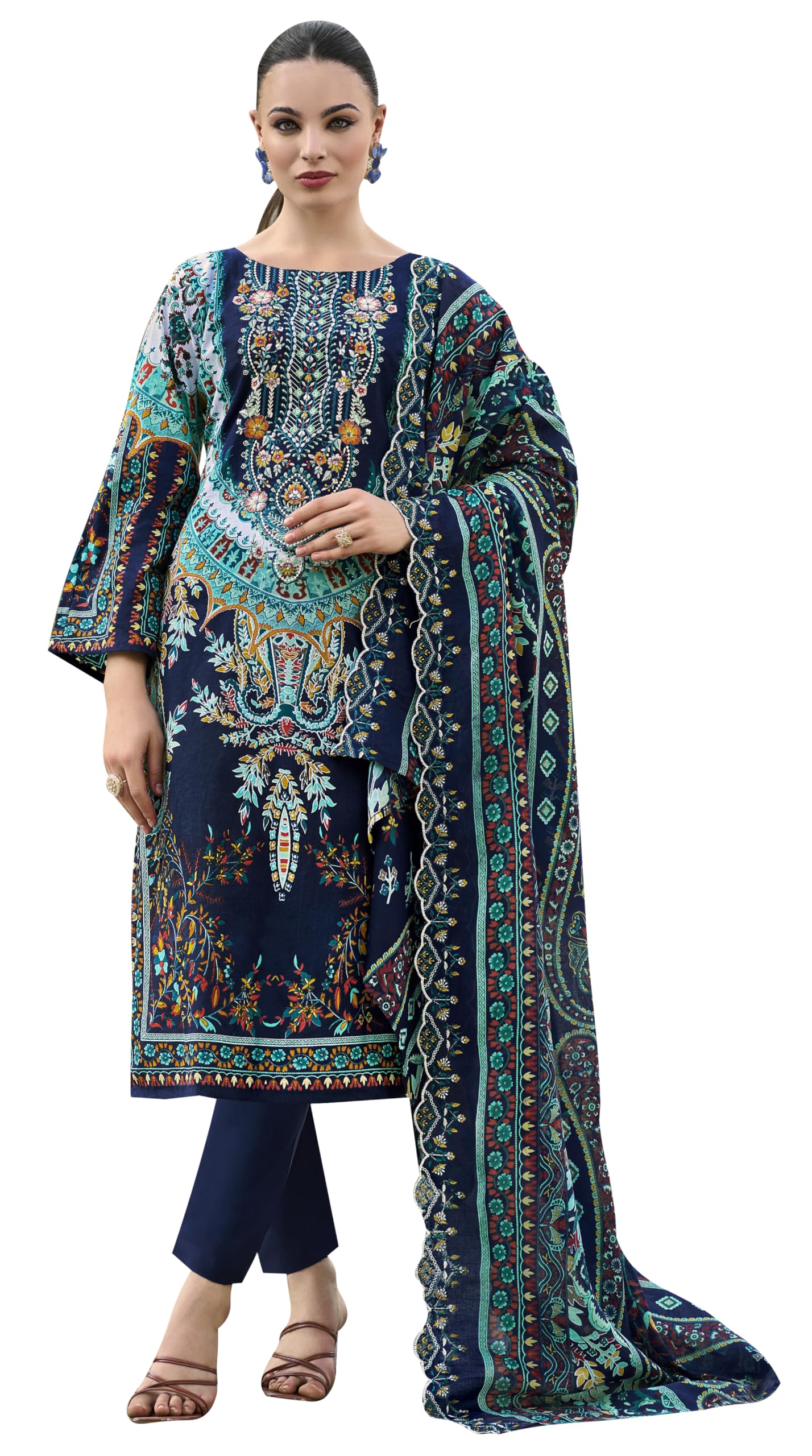 DRAVINAM Trends Women's Unstitched Pakistani Digital Print Embroidered Pure Cotton Salwar Suit Dress Materials with Cotton Embroidered Cutwork Dupatta
