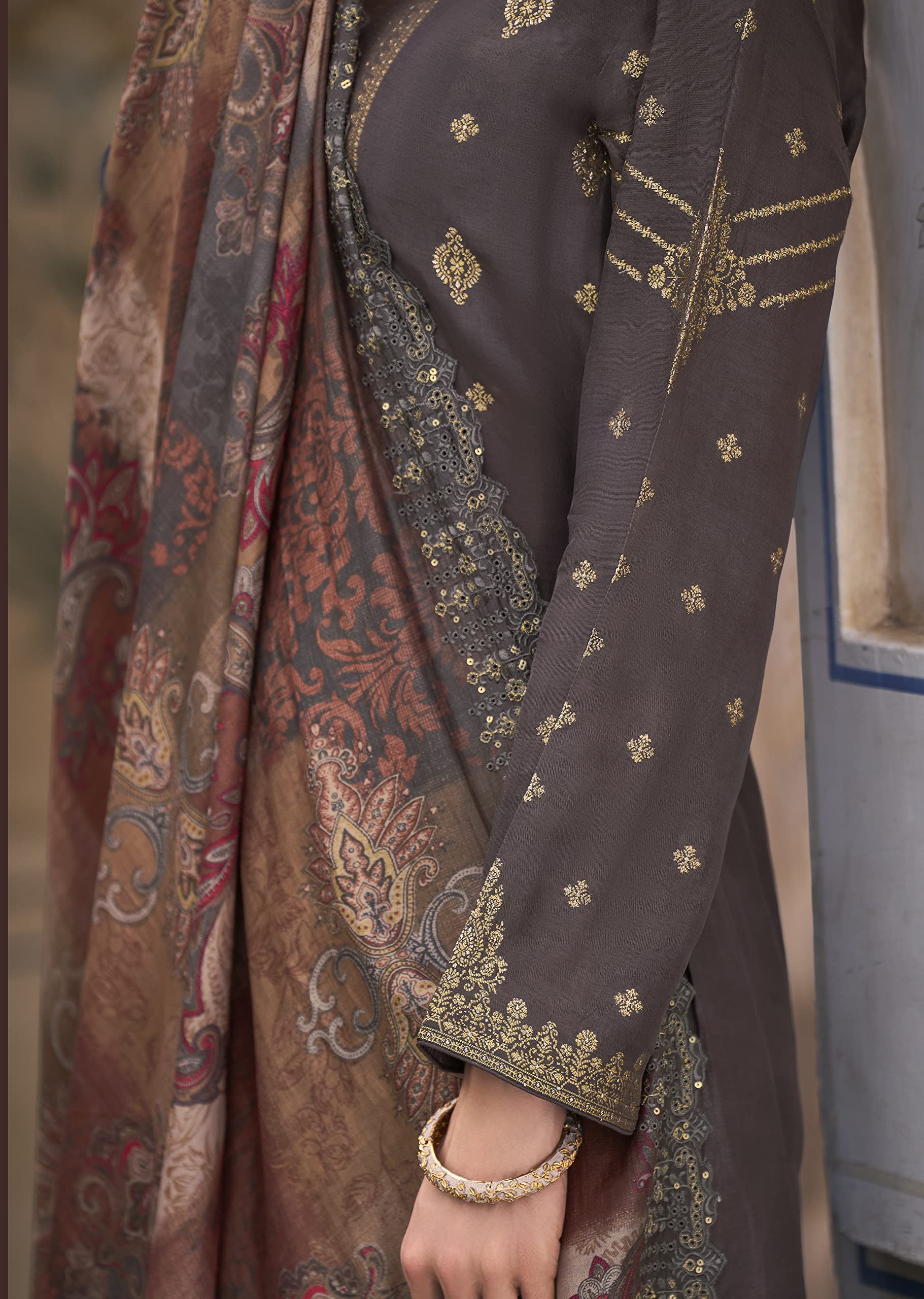 DRAVINAM Trends Women's Pure Dola Banarasi Silk Salwar Kameez Suit Dress Material with Digital Printed Embroidered Pure Viscose Heavy Silk Dupatta (