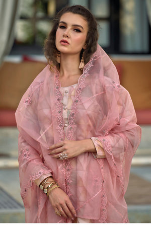 DRAVINAM Trends Women's Jam Cotton Digital Printed Plazzo Suit Dress Material with Embroidered Organza Dupatta (Pink)