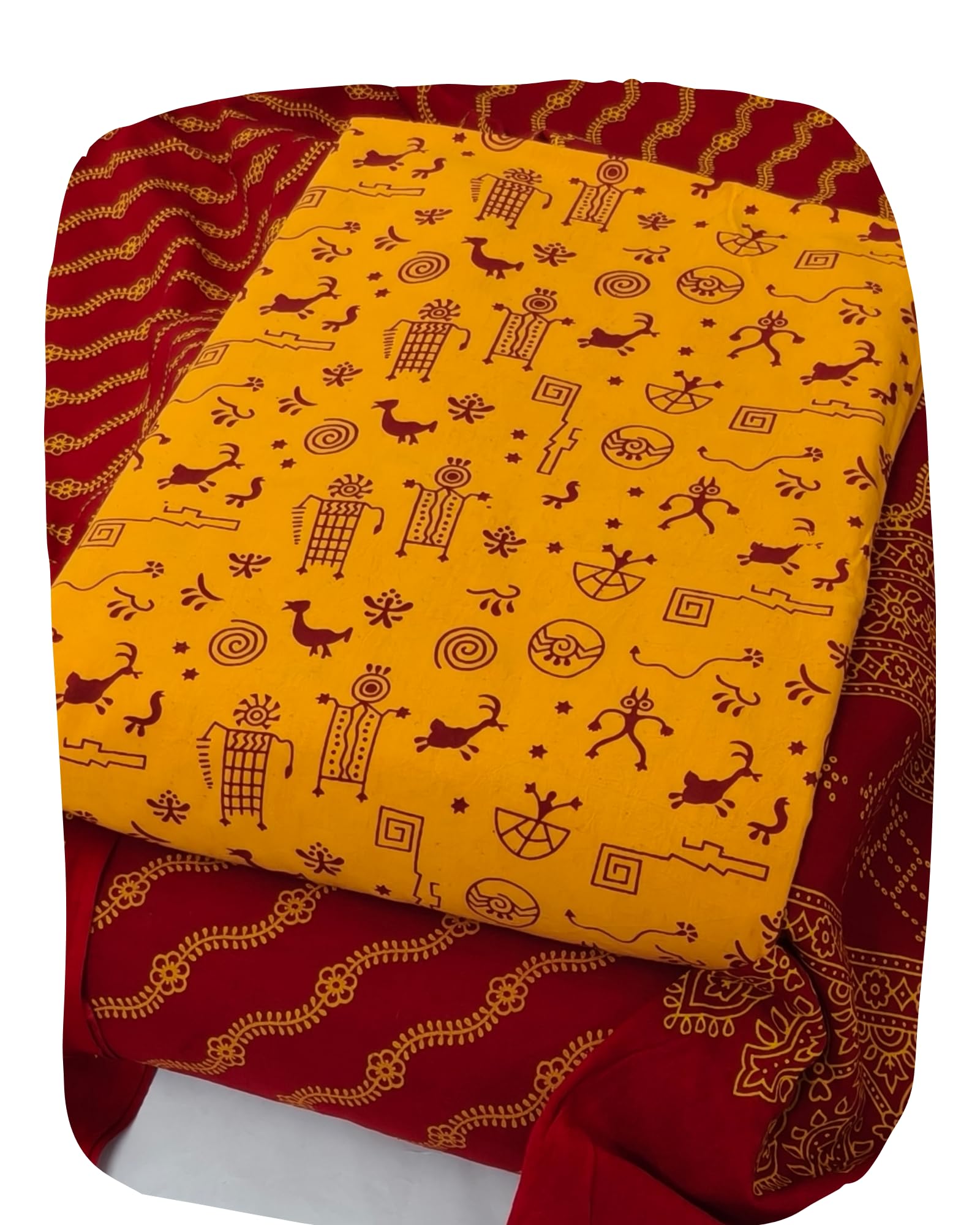 DRAVINAM Trends Women's Premium Cotton Unstitched Salwar Suit Dress Material Set | Traditional Rajasthani Gujari Block Print (Red & Mustard Yellow)