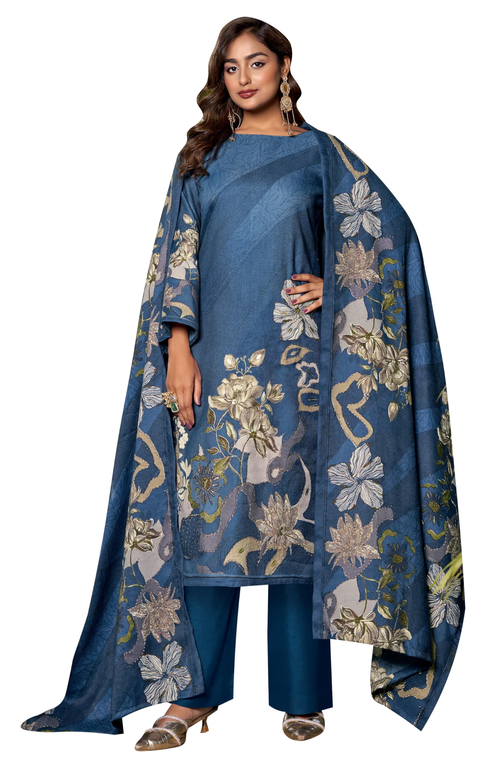 DRAVINAM Trends Women's winter wear unstitched hand work Woollen Pashmina Suit Dress Material with Pashmina Printed Shawl Dupatta