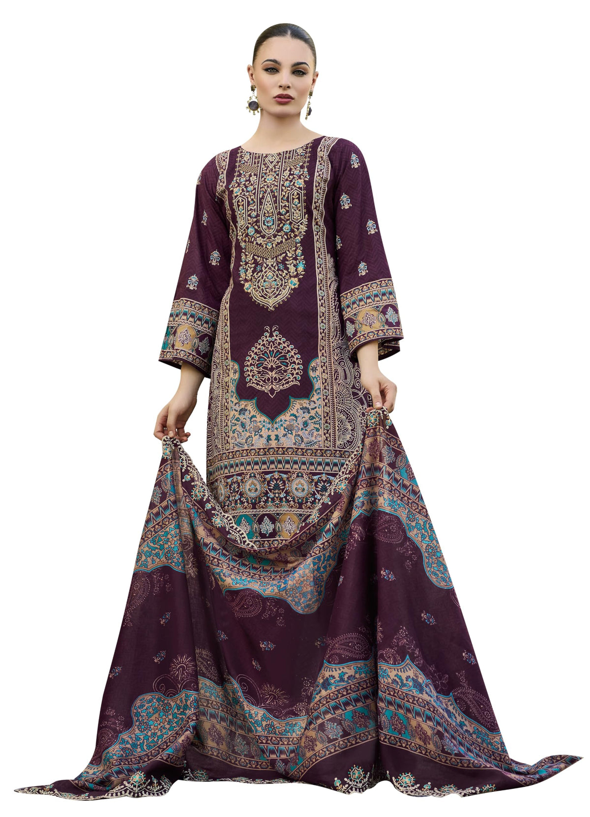 DRAVINAM Trends Women's Unstitched Pakistani Digital Print Embroidered Pure Cotton Salwar Suit Dress Materials with Cotton Embroidered Cutwork Dupatta