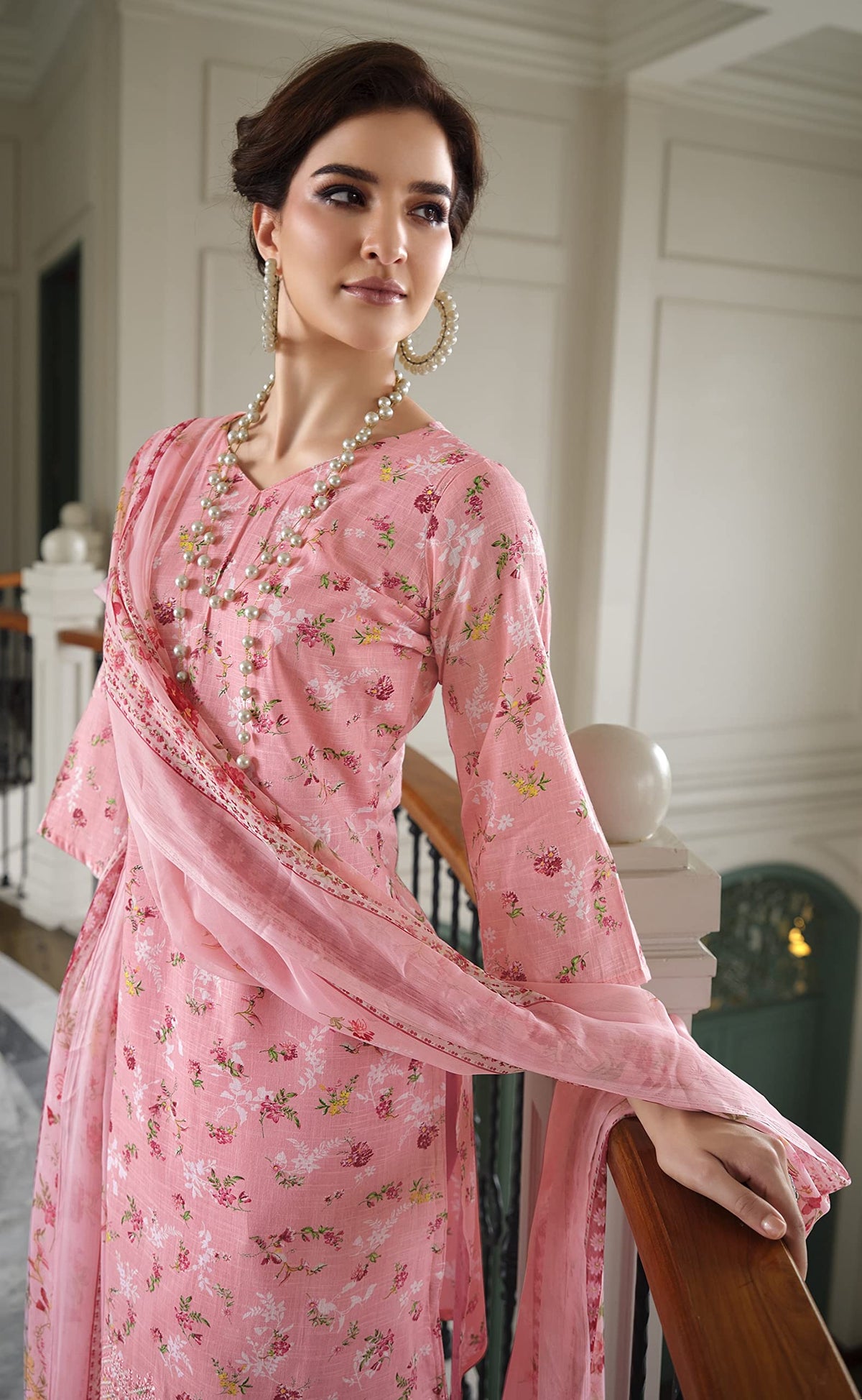 DRAVINAM Trends Unstitched Printed Embroidery Work Cotton Salwar Suits Dress Material with Chiffon Dupatta (Pink)