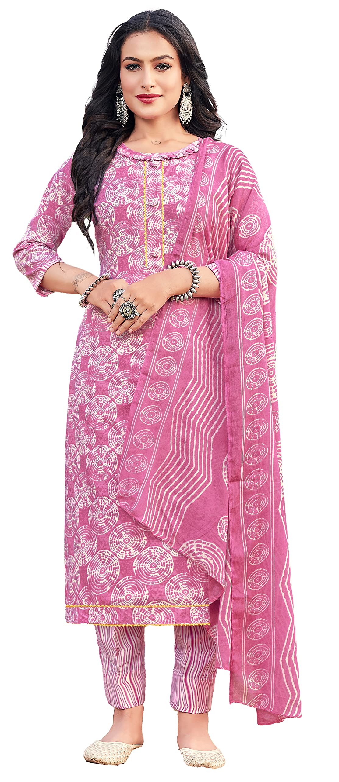 DRAVINAM Trends Women's Pure Cotton Batik Printed Unstitiched Salwar Suit Dress Material with Cotton Printed Dupatta (Peach Pink)