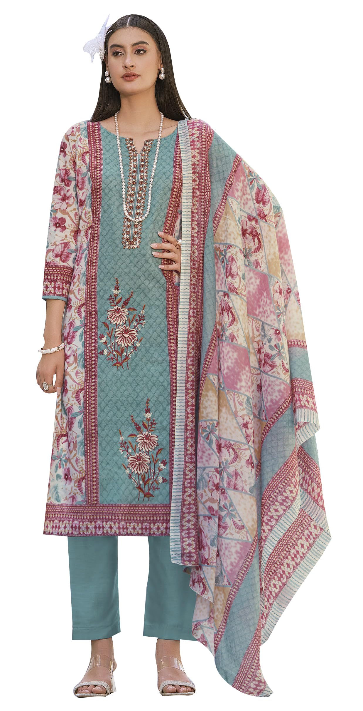 DRAVINAM Trends Women's Unstitched Salwar Suit Dress Material - Cotton Digital Printed Organza Embroidered Kameez II Unstitch Bottoms II Cotton Dupatta