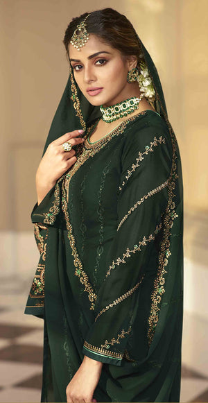 DRAVINAM Trends Women's Heavy Embroidered Pure Georgette Sharara Salwar Suit Dress Material with Heavy Embroidered Pure Georgette Dupatta (Free size_Maroonish red)