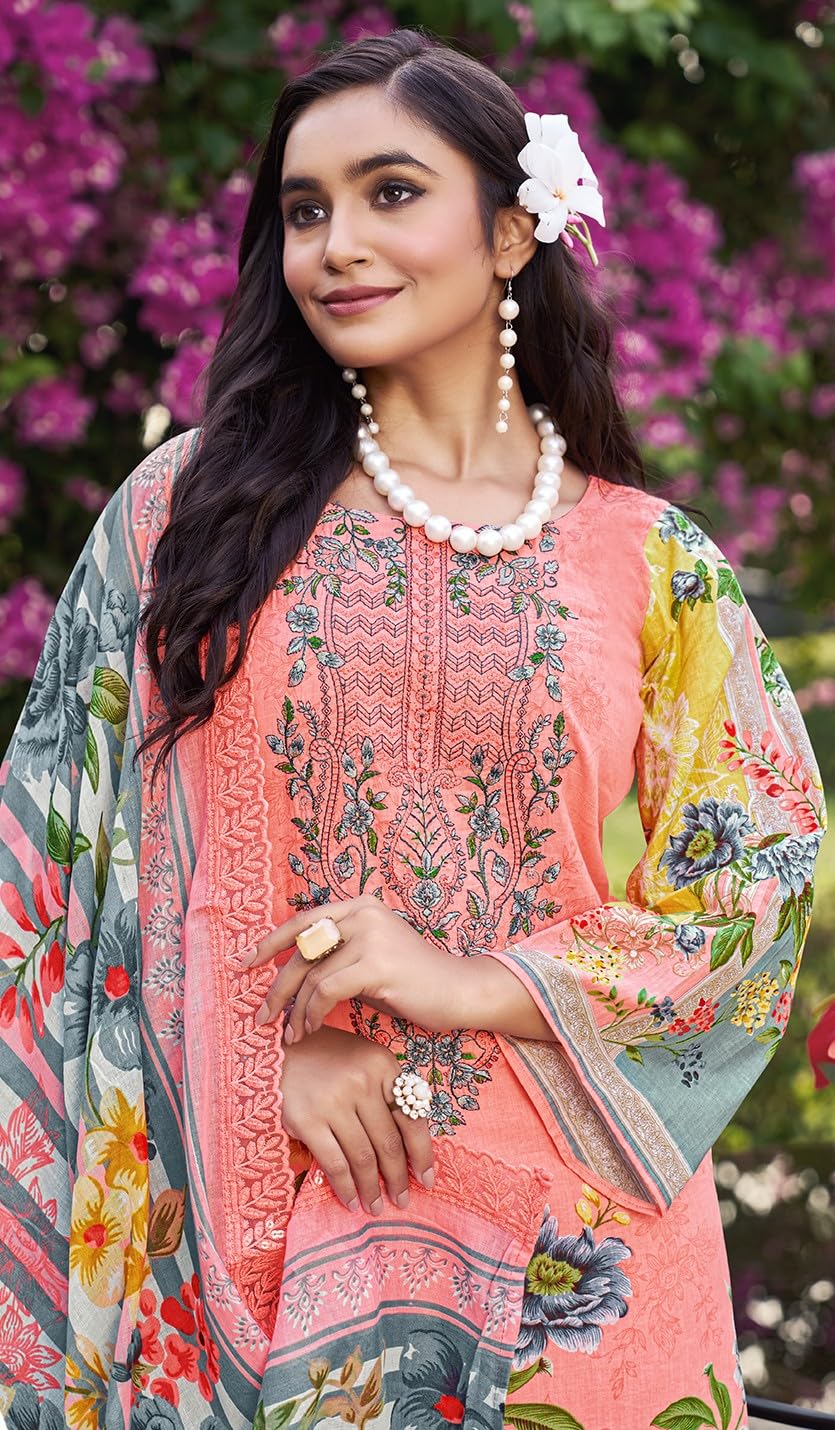 DRAVINAM Trends Pure Cambric Cotton Pakistani Embroidered Suit Dress Material with Unstitched Bottoms and Cotton Dupatta