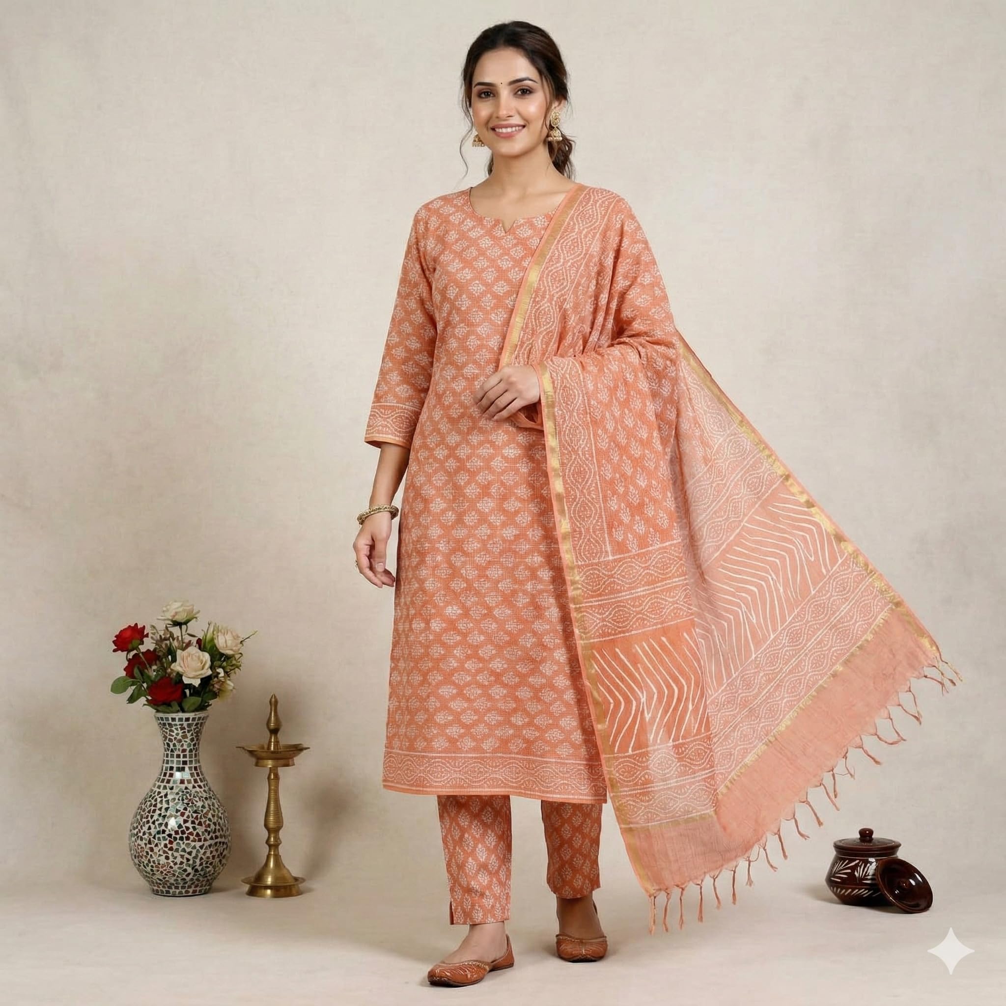 DRAVINAM Trends Jaipuri Hand Block Print Pure Kota Doriya Unstitched Suit Dress Material with Kota Doriya Hand Printed Dupatta
