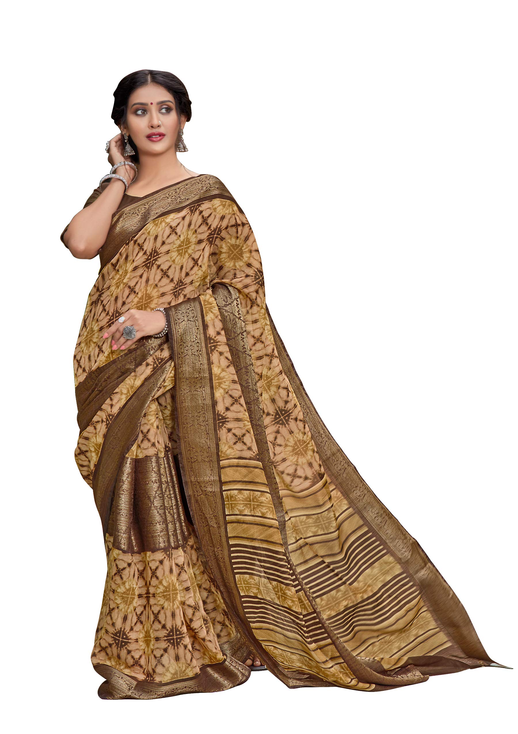 DRAVINAM Trends Women's Cotton Linen Jacquard Woven Broad Border Pattu Saree with Blouse Piece (Pattu SareeSRMN_43N_Brown Beige)