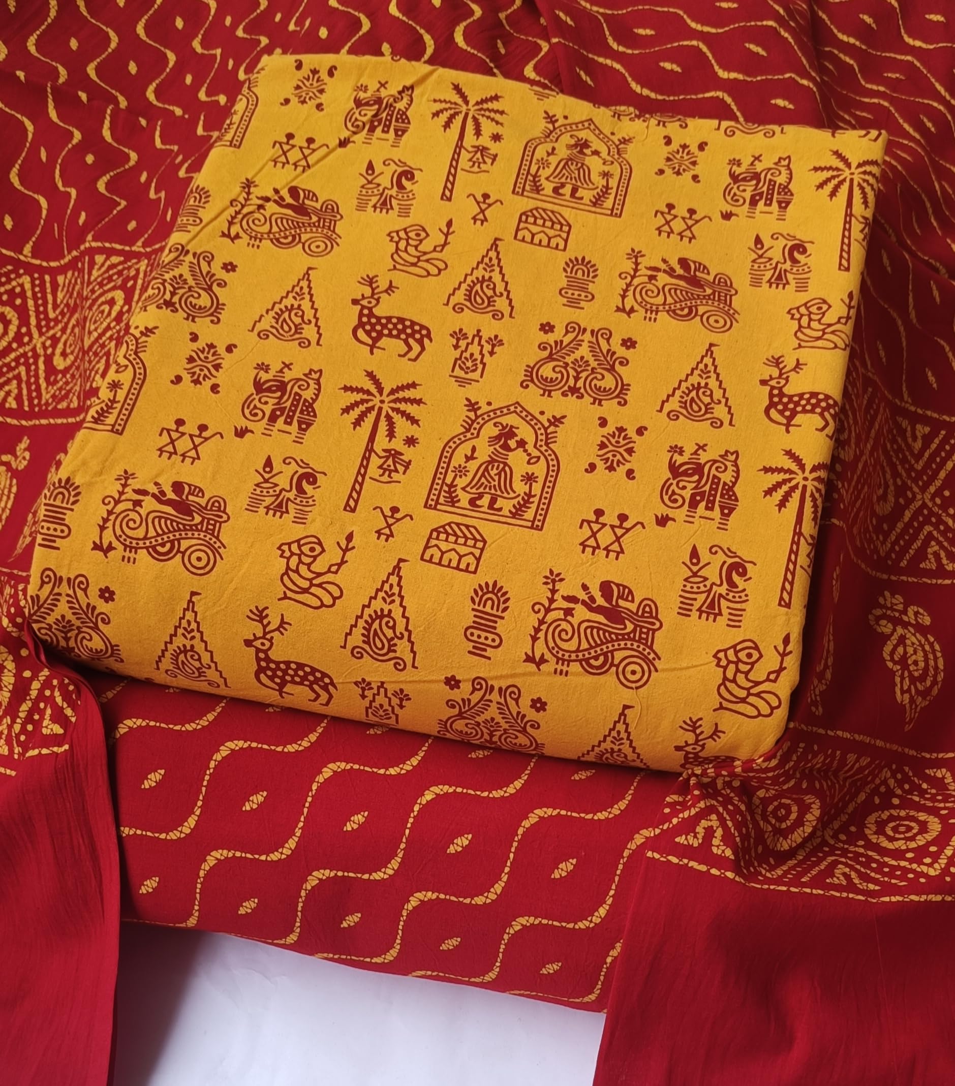 DRAVINAM Trends Women's Premium Cotton Unstitched Salwar Suit Dress Material Set | Traditional Rajasthani Gujari Block Print (Red & Mustard Yellow)