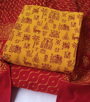 DRAVINAM Trends Women's Premium Cotton Unstitched Salwar Suit Dress Material Set | Traditional Rajasthani Gujari Block Print (Red & Mustard Yellow)
