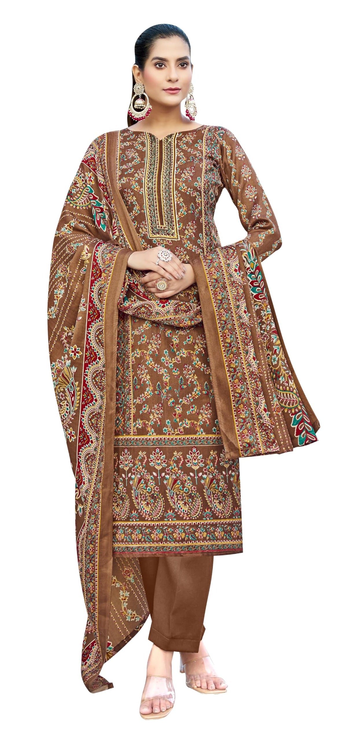 DRAVINAM Trends Women's Unstitched Winter Wear Kashmiri Kani Printed Swaroski Work Heavy Woolen Pashmina Salwar Suit Dress Material with Twill Printed Shawl Dupatta