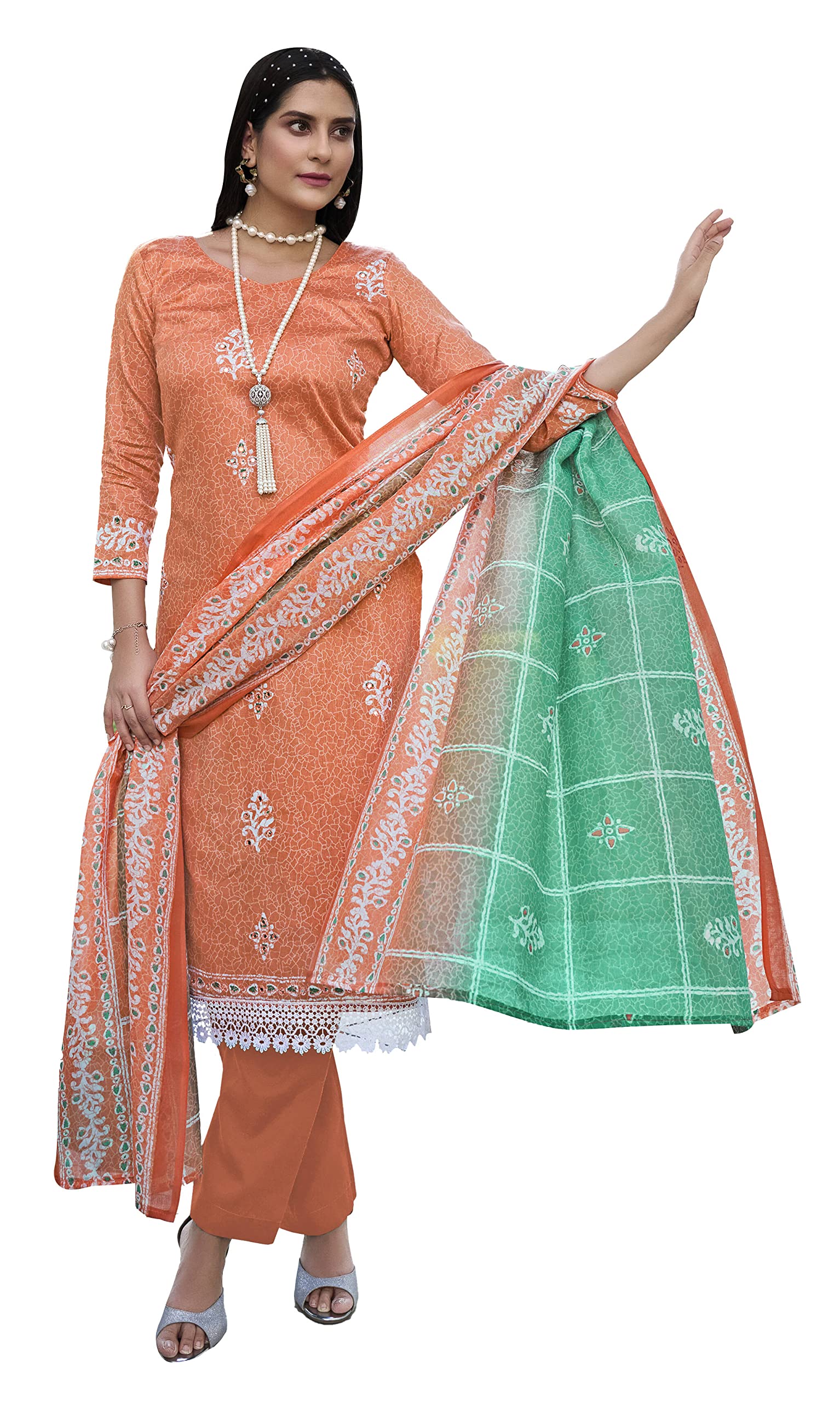 DRAVINAM Trends Women's Printed Unstitched Pure Cotton Kurti Palazzo Pants Set Material with Dupatta