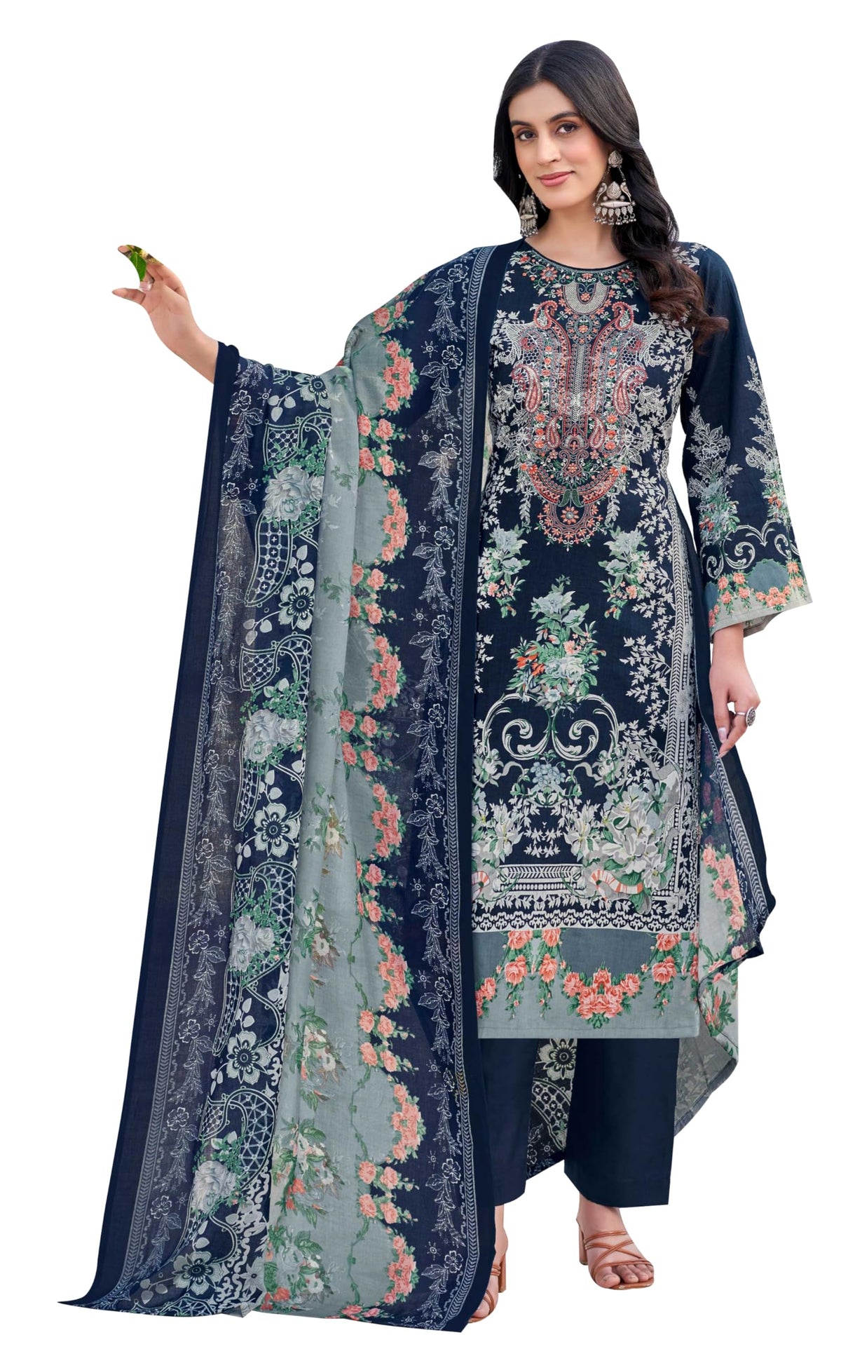 DRAVINAM Trends Kurti 2.50 mtrs, PURE COTTON DYED (2.7 m),PURE LAWN MULMUL DIGITAL PRINT VOIL DUP (2.25|Black