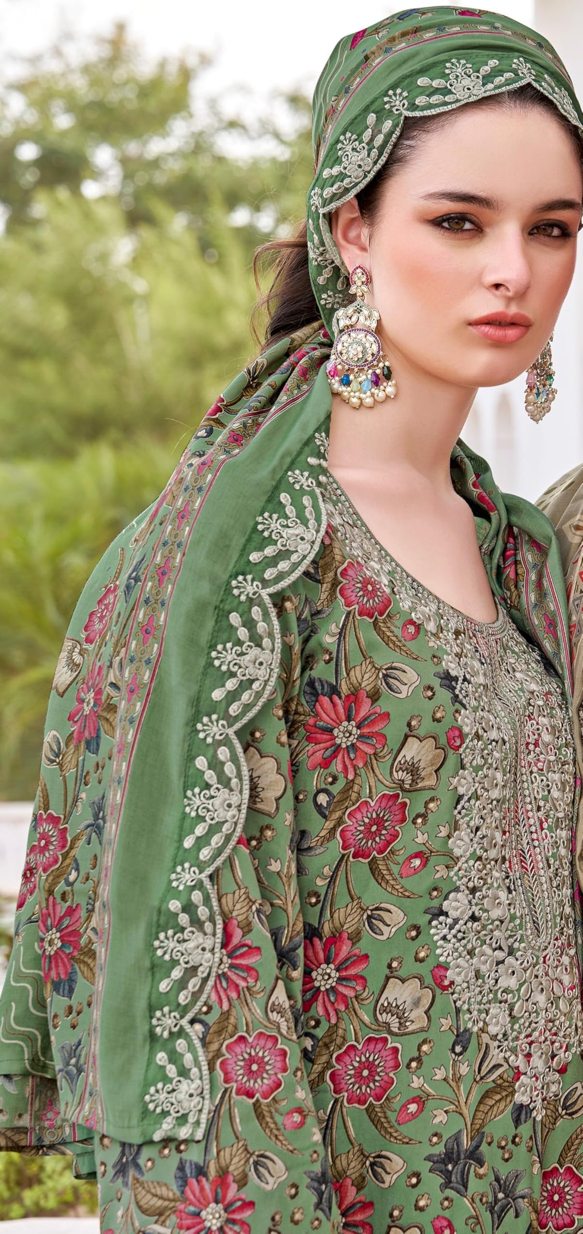 DRAVINAM Trends Pure Viscose Rayon Discharge Foil Printed Fancy Embroidered Daman Lace Suit Dress Material with Unstitched Rayon Bottoms and Cotton Embroidered Dupatta