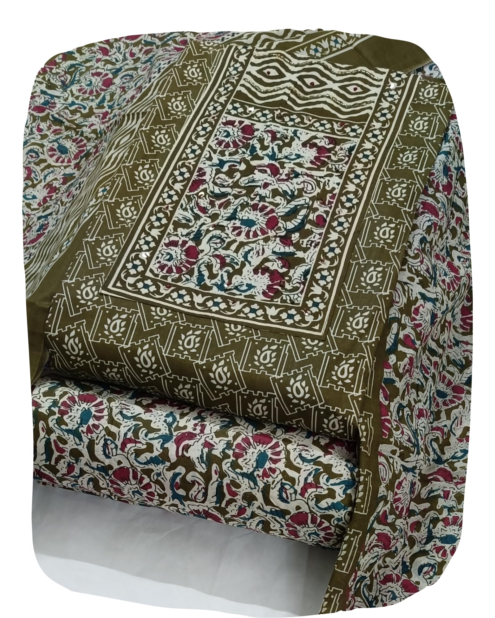 DRAVINAM Trends Women's Cambric Cotton Dress Material | Unstitch Kalamkari Printed Suit Set with Cotton Dupatta
