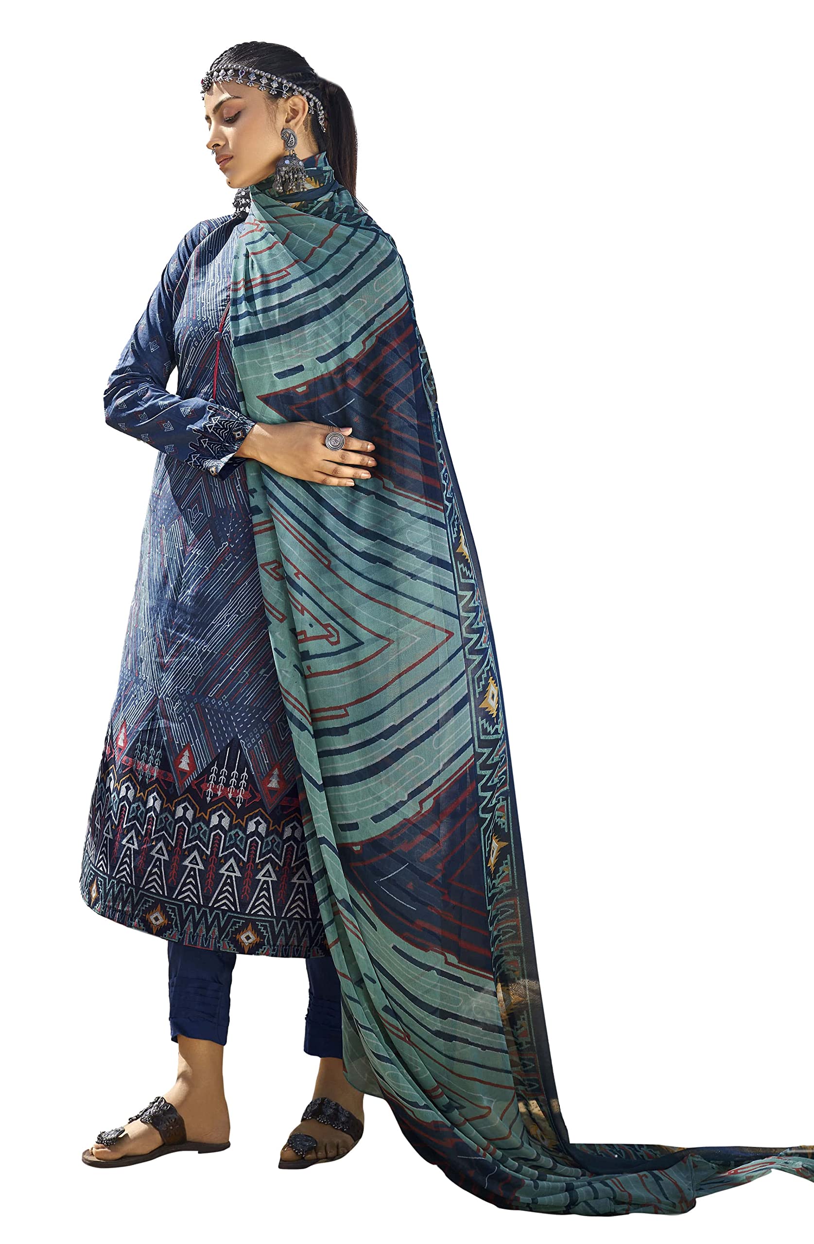 DRAVINAM Trends Women's Unstitched Digital Bandhani Printed Embroidered Pure Cotton Salwar Suits For Women with Nazneen Chiffon Chunni/Dupatta (Free Size_Blue)