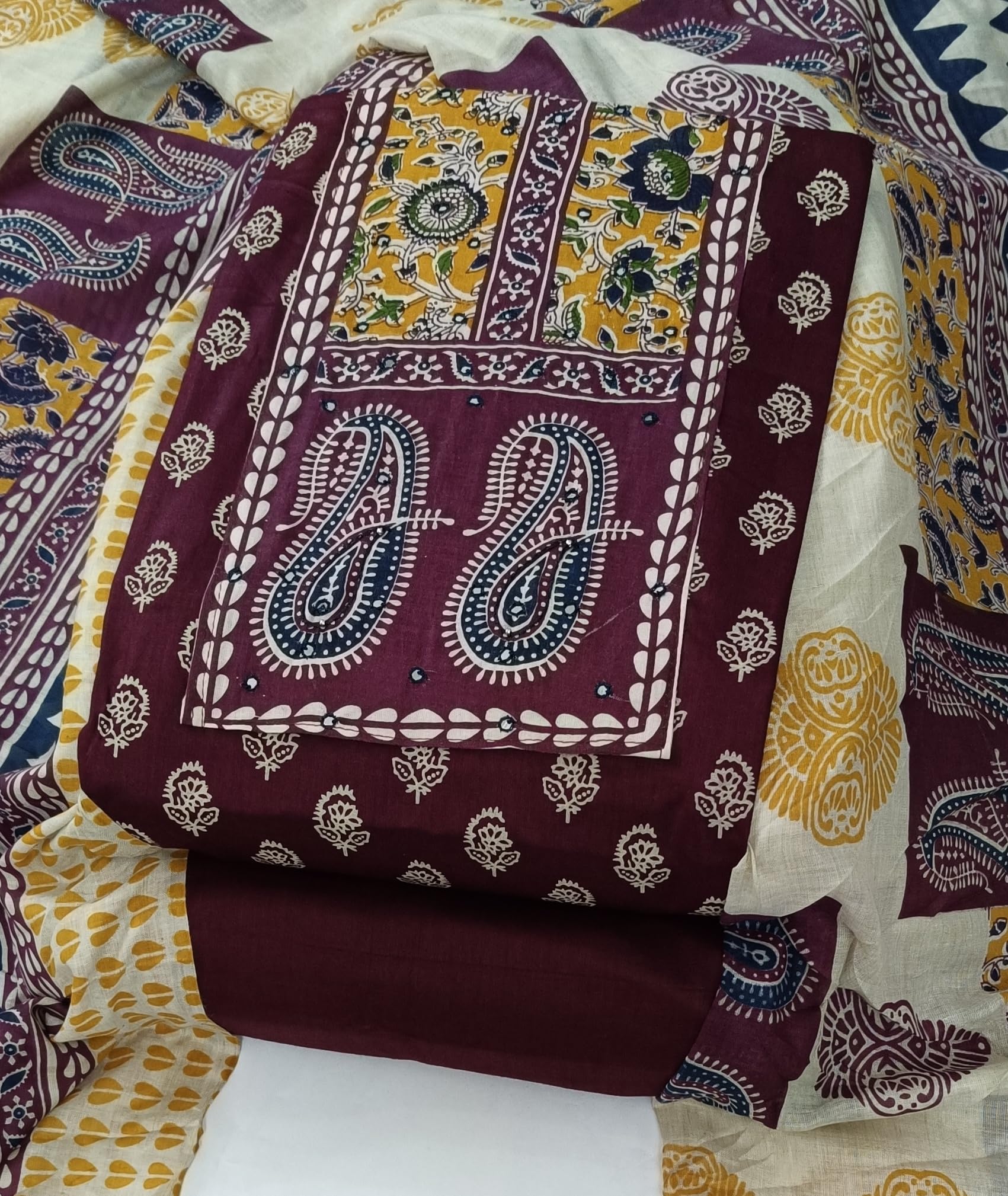DRAVINAM Trends Women's Unstitched Cambric Cotton Dress Material Salwar Suit Set with Dupatta | Geometric Batik Print & Embellished Neckline (Multicolor)