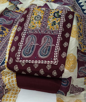 DRAVINAM Trends Women's Unstitched Cambric Cotton Dress Material Salwar Suit Set with Dupatta | Geometric Batik Print & Embellished Neckline (Multicolor)