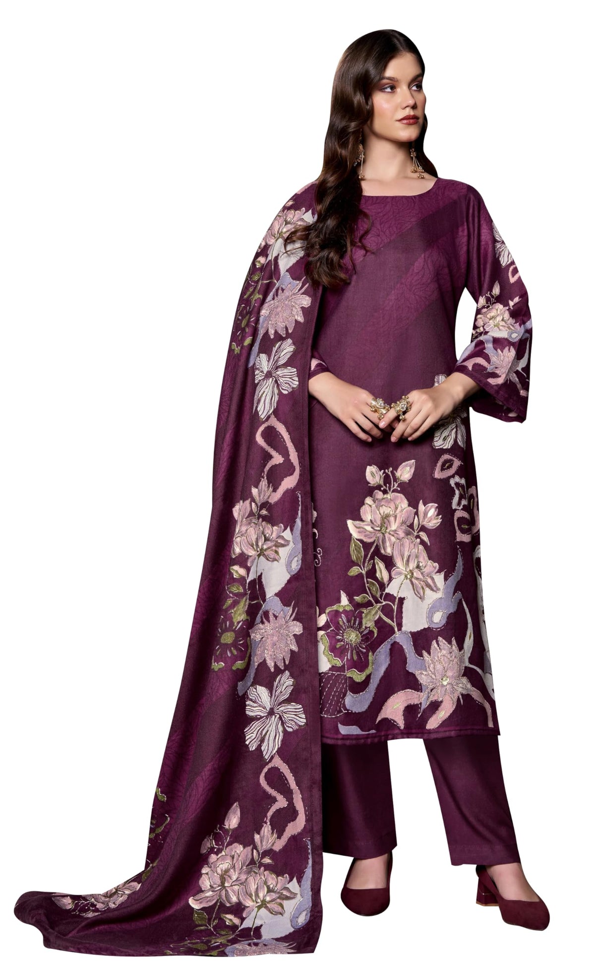 DRAVINAM Trends Women's winter wear unstitched hand work Woollen Pashmina Suit Dress Material with Pashmina Printed Shawl Dupatta