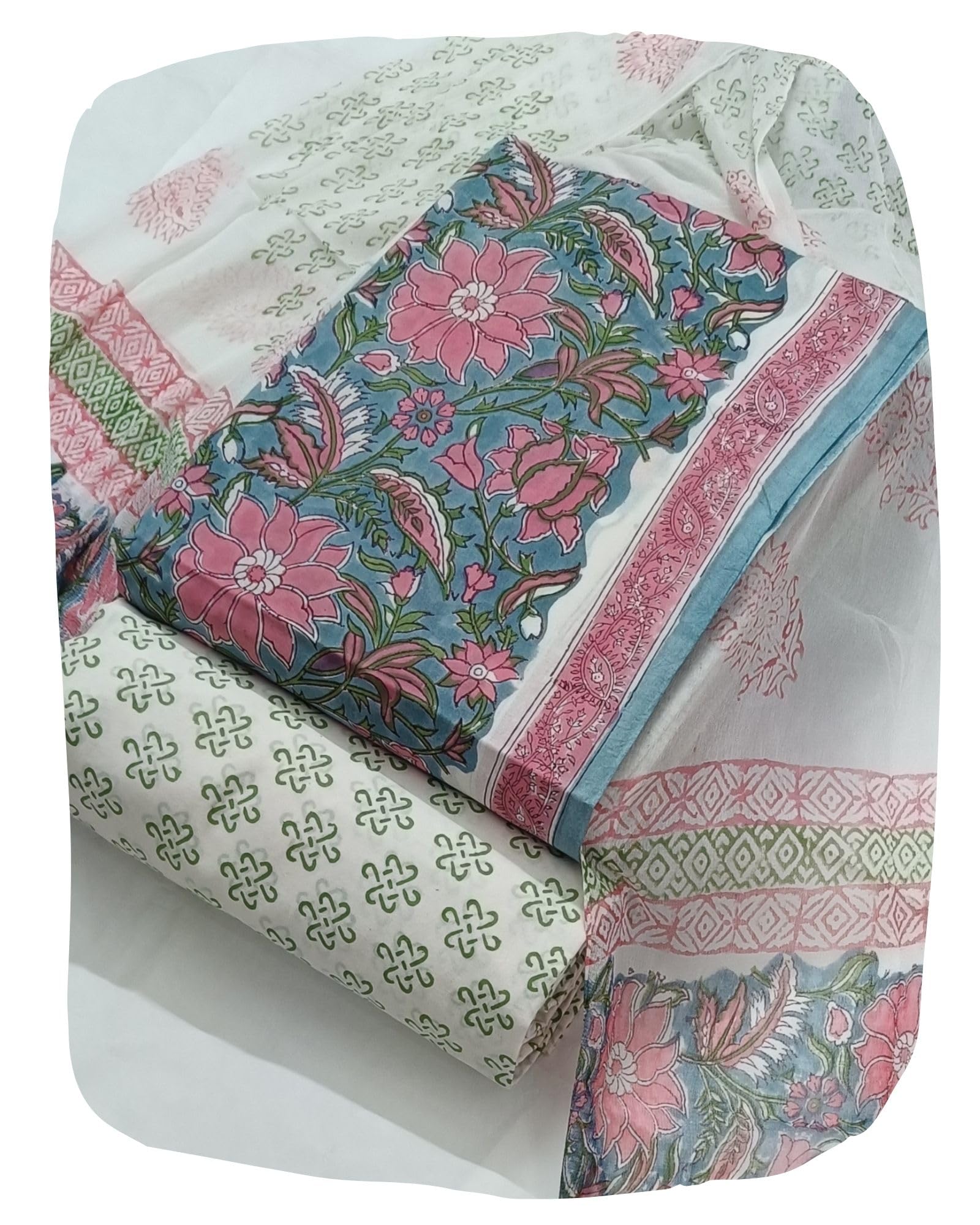 DRAVINAM Trends Hand Block Print Pure Cambric Cotton Unstitched Suit Material with Chiffon Hand Printed Dupatta