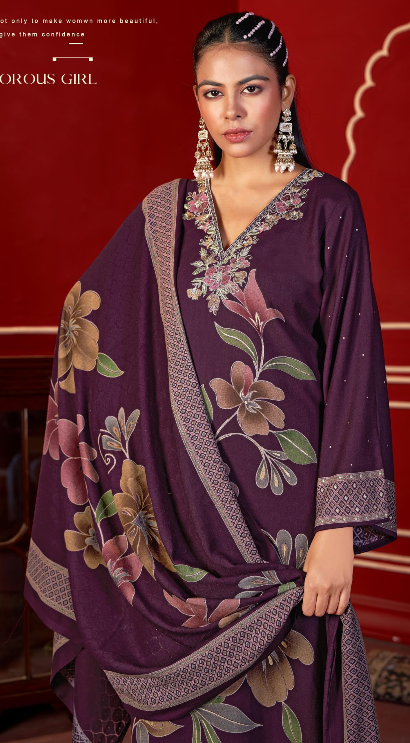 DRAVINAM Trends Women's Winter Wear Unstitched Digital Floral Printed Embroidered Viscose Pashmina Woollen Salwar Suit Dress Material with Pashmina Digital Printed Brasso Shawl Dupatta