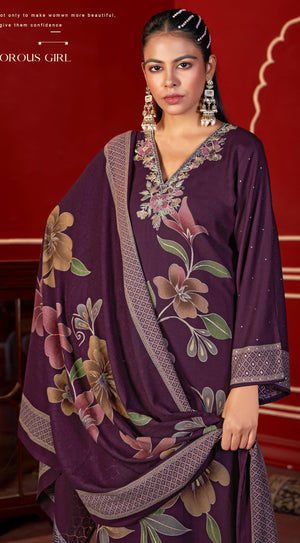 DRAVINAM Trends Women's Winter Wear Unstitched Digital Floral Printed Embroidered Viscose Pashmina Woollen Salwar Suit Dress Material with Pashmina Digital Printed Brasso Shawl Dupatta