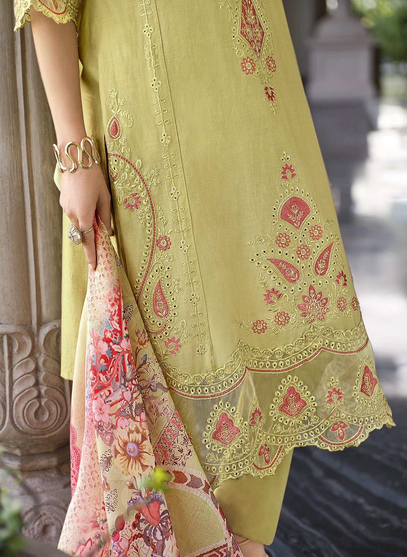 DRAVINAM Trends Women's Unstitched Lawn Cotton Karachi Embroidered Suit Material - Lawn Cotton Heavy Karachi Embroidered Shirt with Heavy Daman Work II Cotton Bottoms II Cotton Digital Printed Dupatta
