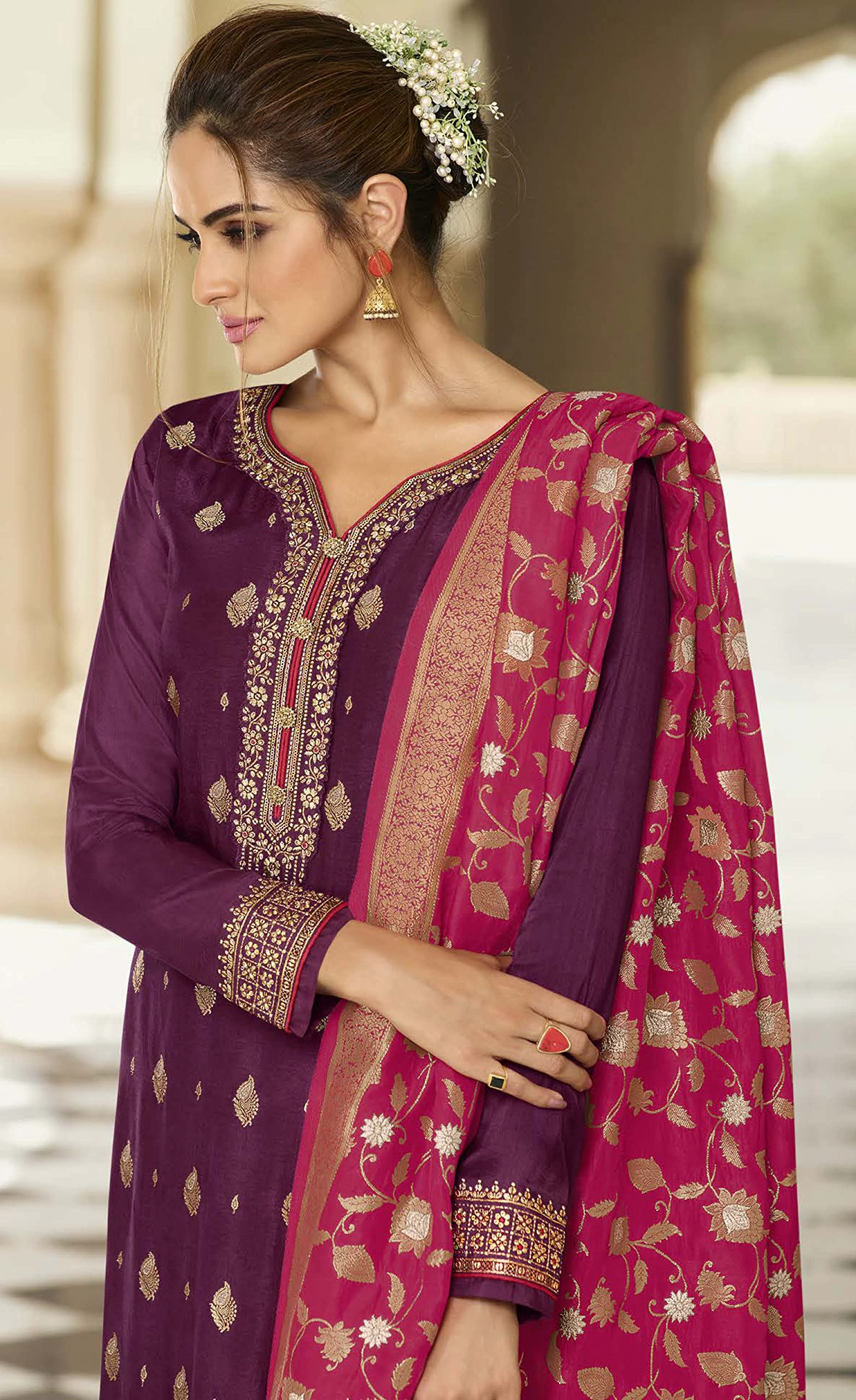 DRAVINAM Trends Women's Dola Jacquard Double Zari Embroidered Unstitched Salwar Suit Dress Material with Dola Jacquard Double Jari Heavy Dupatta (Maroon)