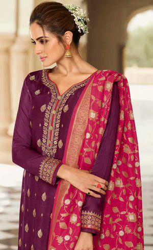 DRAVINAM Trends Women's Dola Jacquard Double Zari Embroidered Unstitched Salwar Suit Dress Material with Dola Jacquard Double Jari Heavy Dupatta (Maroon)