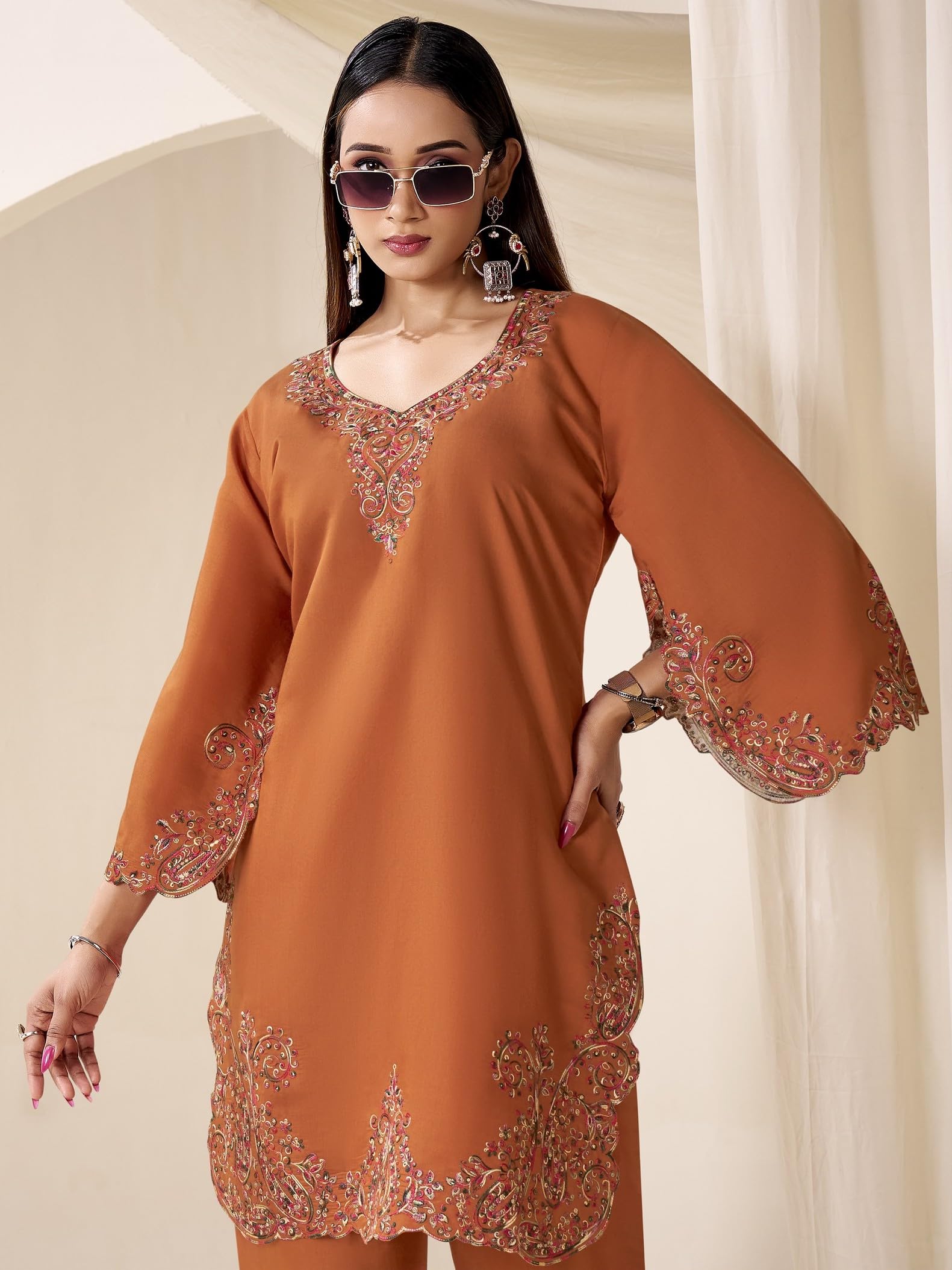 DRAVINAM Trends Women's Stitched Kashmiri Embroidered Pure Roman Silk Co-ord Set II Top II Pants (L / 40)