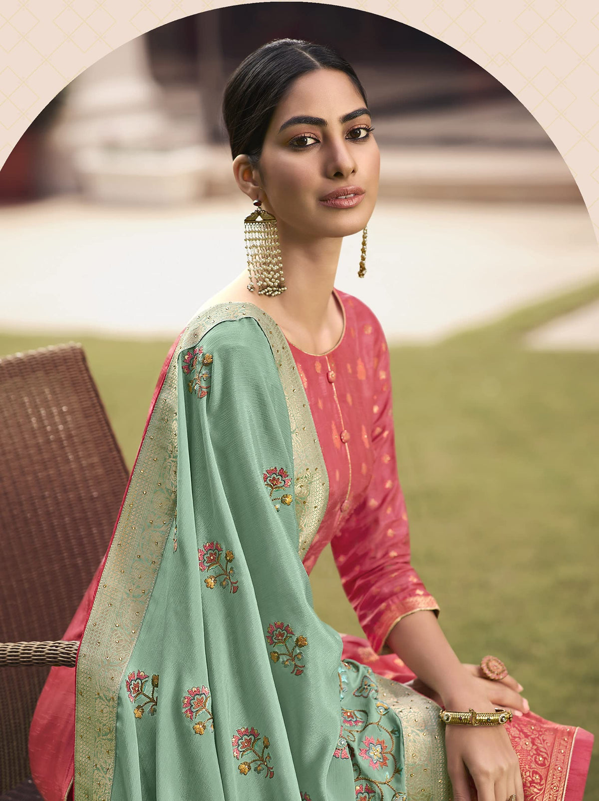 DRAVINAM Trends Women's Pure Banarasi Silk Jacquard Sequence embroidered Unstitched Salwar Suit Dress material with Chinon Silk Sequence and Embroidered Heavy Dupatta (Free size_Blue)