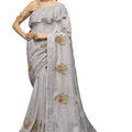 DRAVINAM Trends Women's Woven Pure Linen Embroidered Saree with Blouse Piece (Grey)