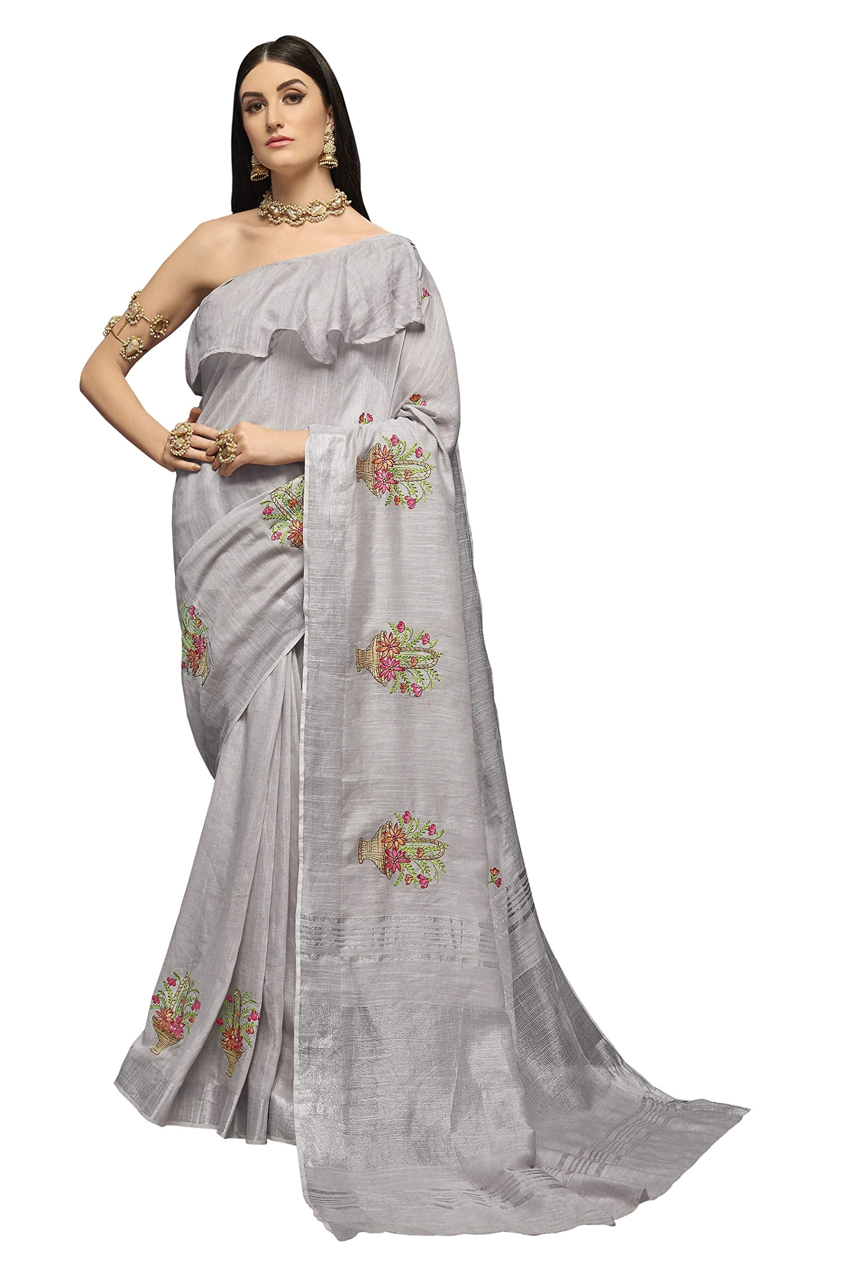 DRAVINAM Trends Women's Woven Pure Linen Embroidered Saree with Blouse Piece (Grey)
