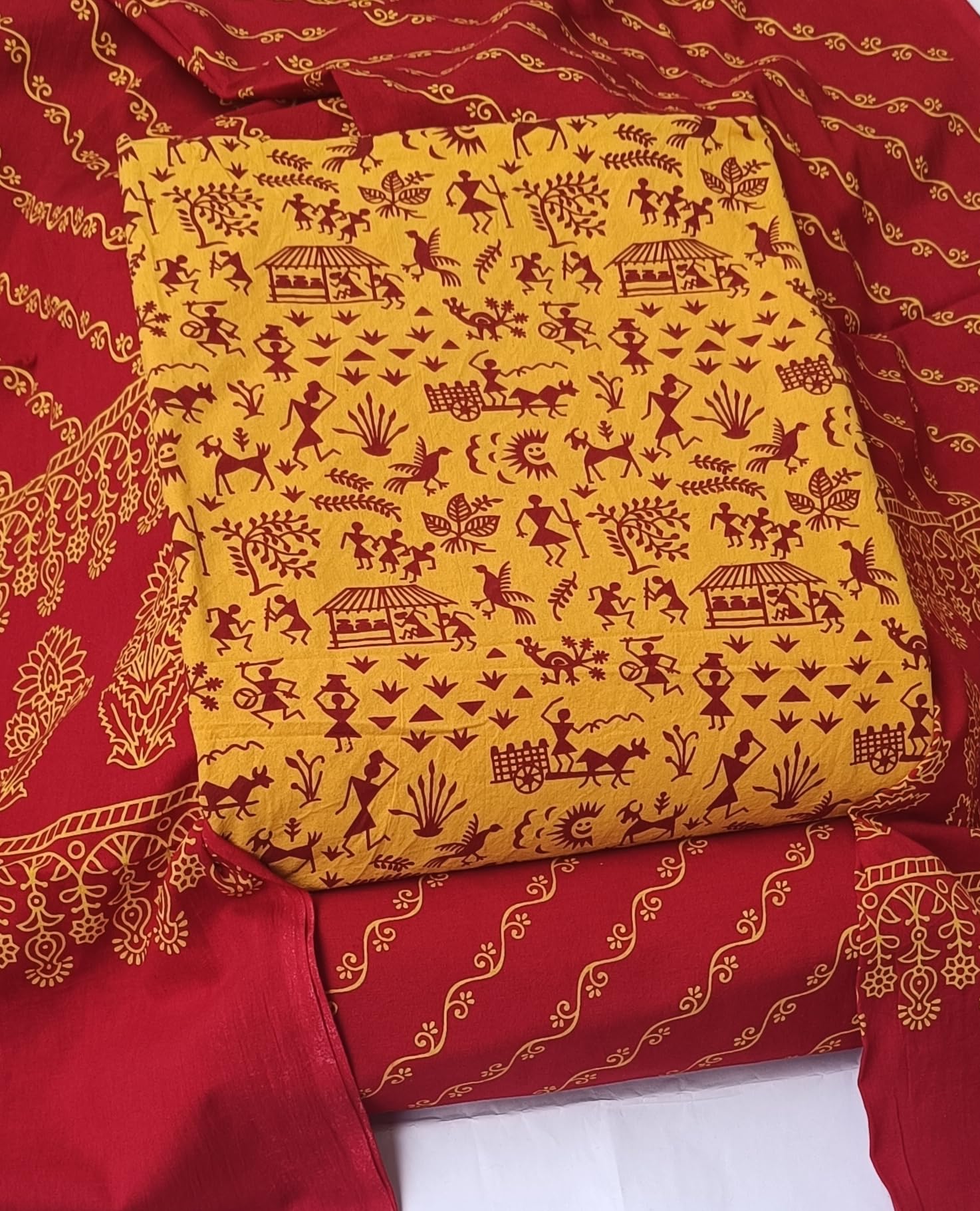 DRAVINAM Trends Women's Premium Cotton Unstitched Salwar Suit Dress Material Set | Traditional Rajasthani Gujari Block Print (Red & Mustard Yellow)