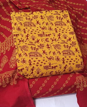 DRAVINAM Trends Women's Premium Cotton Unstitched Salwar Suit Dress Material Set | Traditional Rajasthani Gujari Block Print (Red & Mustard Yellow)