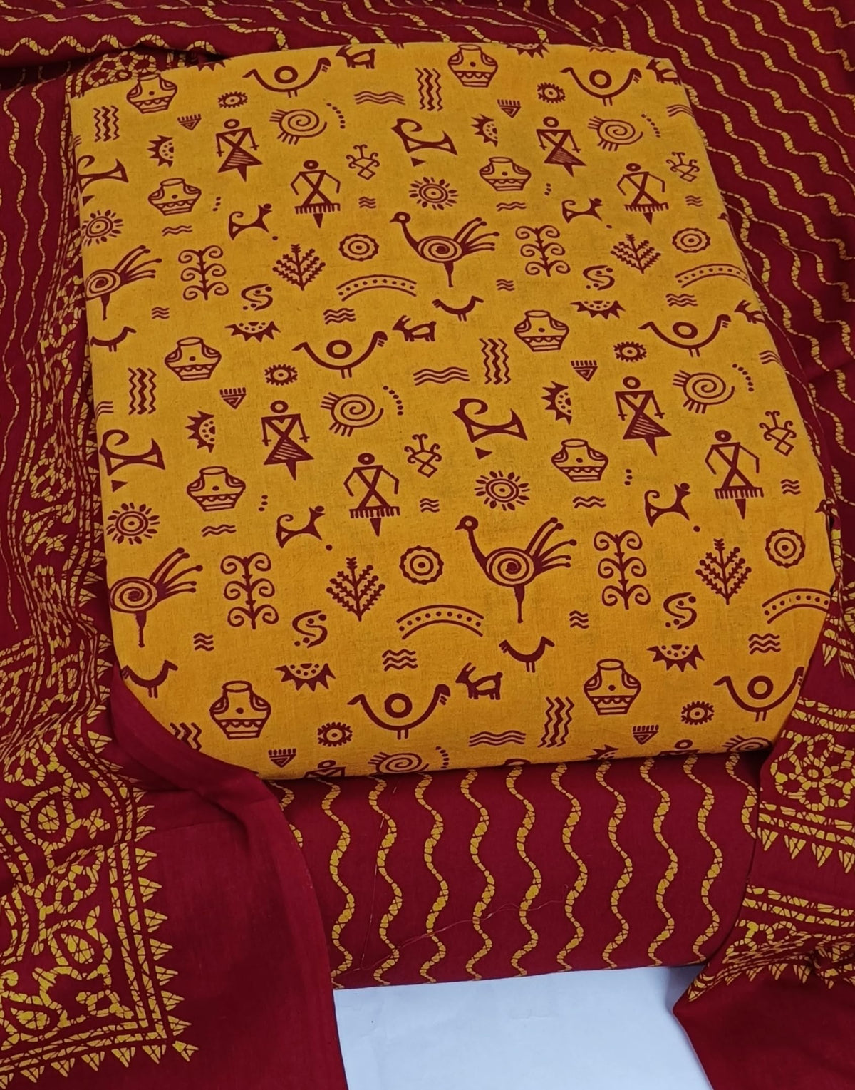 DRAVINAM Trends Women's Premium Cotton Unstitched Salwar Suit Dress Material Set | Traditional Rajasthani Gujari Block Print (Red & Mustard Yellow)
