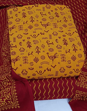 DRAVINAM Trends Women's Premium Cotton Unstitched Salwar Suit Dress Material Set | Traditional Rajasthani Gujari Block Print (Red & Mustard Yellow)