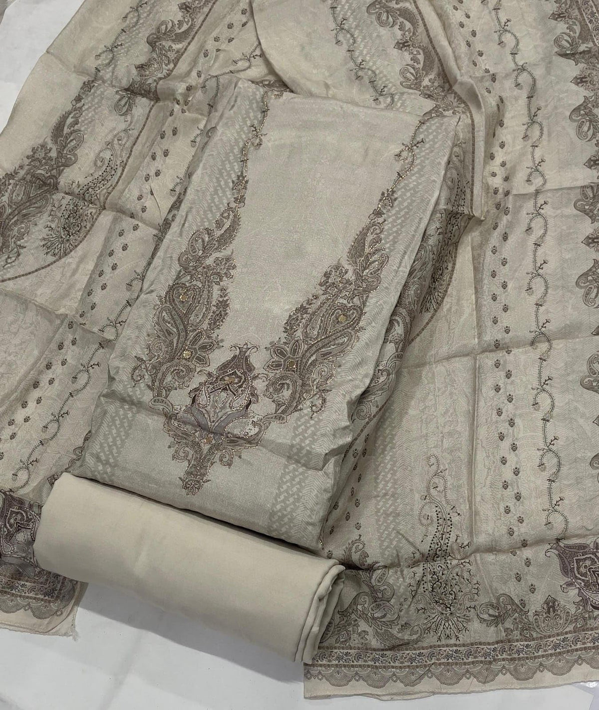 DRAVINAM Trends Women's Elegant Taupe & Off-White Embroidered Pure Muslin Dress Material with Printed Dupatta